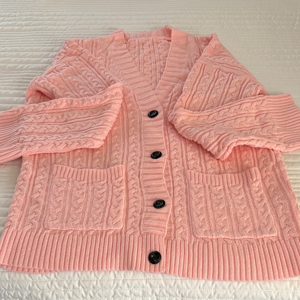 Pink Cable Knit Cardigan Sweater